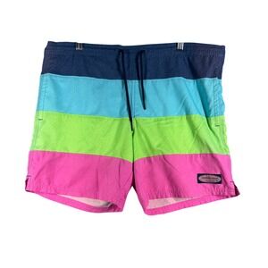 Vineyard Vines Swim Trunks Mens S Blue‎ Green Pink Colorblock 6.5 Inseam Liner